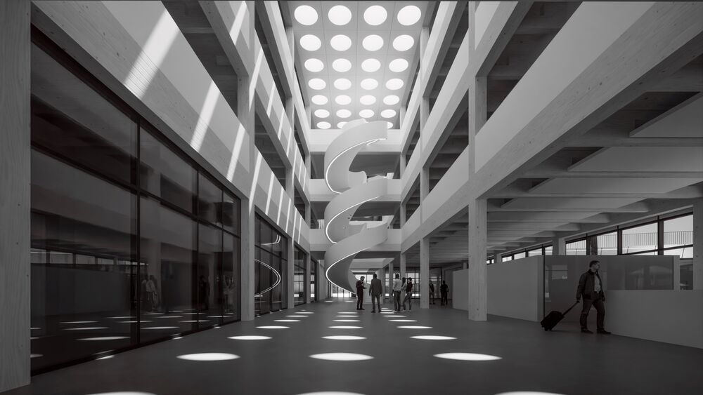 Visualisierung: grosszügiges Atrium im Zentrum des Gebäudes und an dessen Ende die elegante Wendeltreppe. (Bilder: Andre Roth/Zürich, ©Itten+Brechbühl AG)